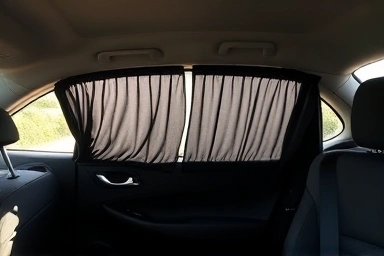 Car interior with custom black-out curtains installed.